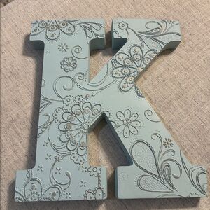 Cottage core cute boho 12" letter ‘K’ wall decor light blue silver embossed